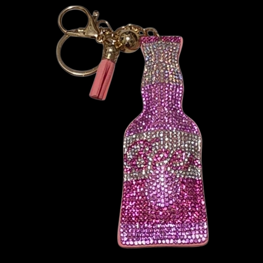 Rhinestone Pink Beer Bottle Bag Charm & Keychain
